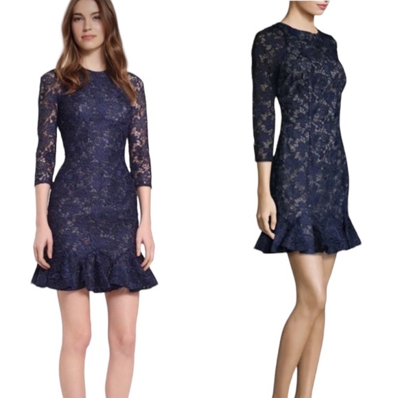 Monique Lhuillier Navy Blue Lace Crochet Overlay Peplum Hem Mini Dress - 6 - Picture 1 of 15